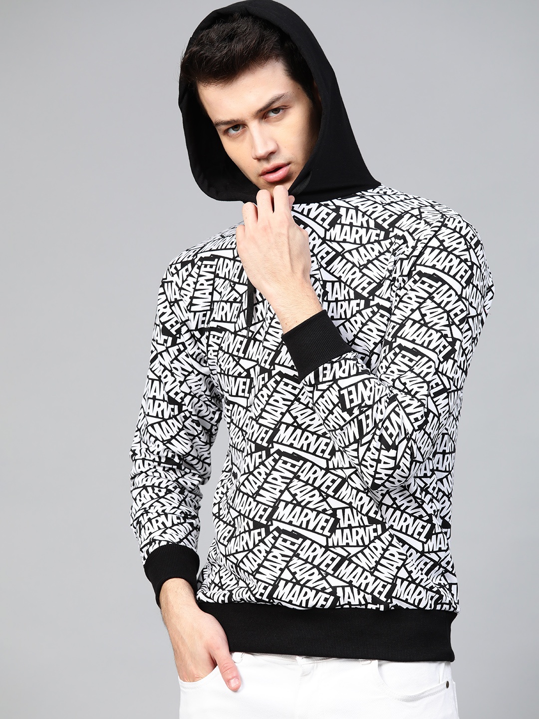 

Kook N Keech Marvel Men Black & White Marvel Print Hooded Sweatshirt