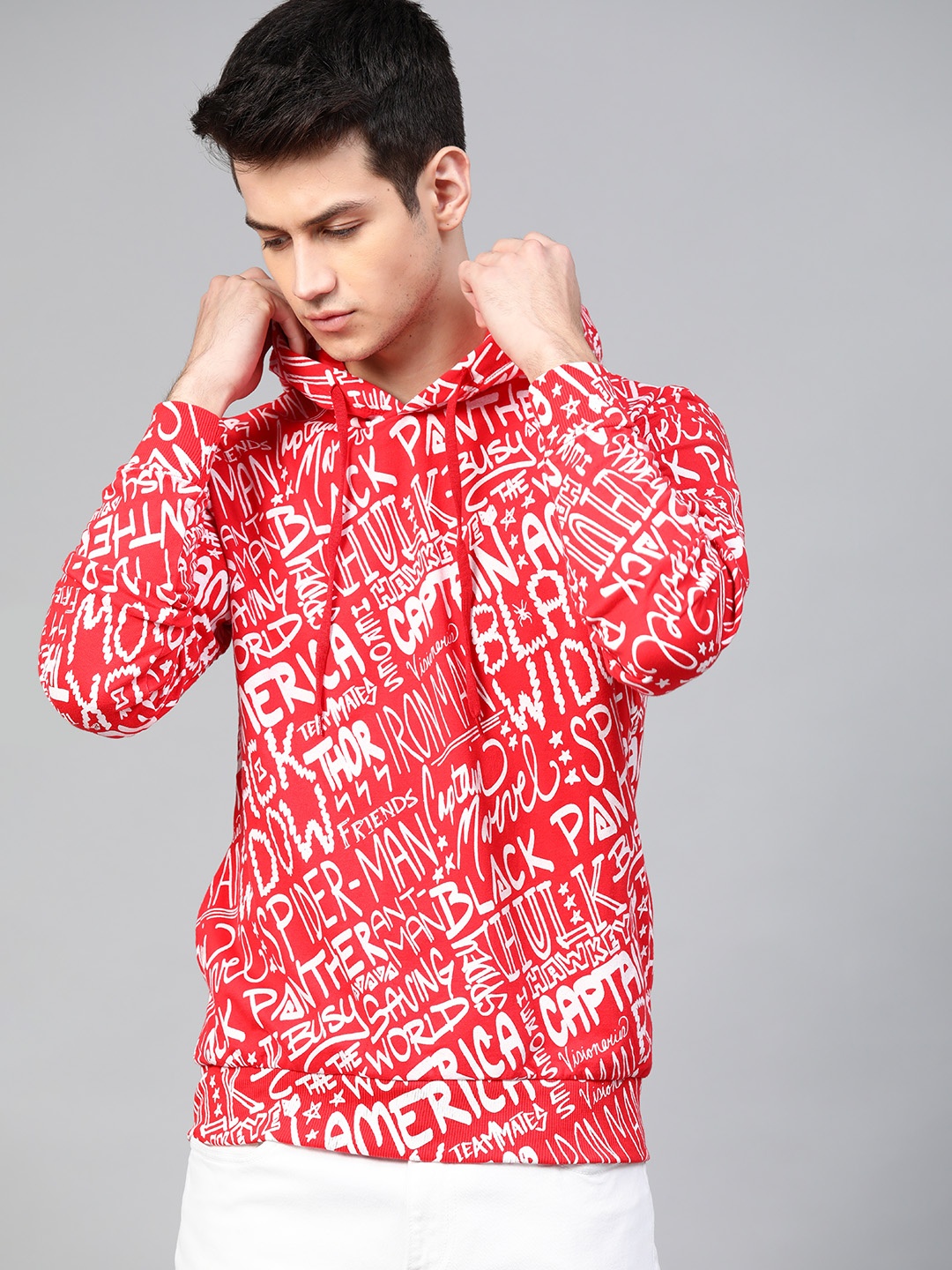 

Kook N Keech Marvel Men Red & White Superhero Typography Printed Hooded Sweatshirt