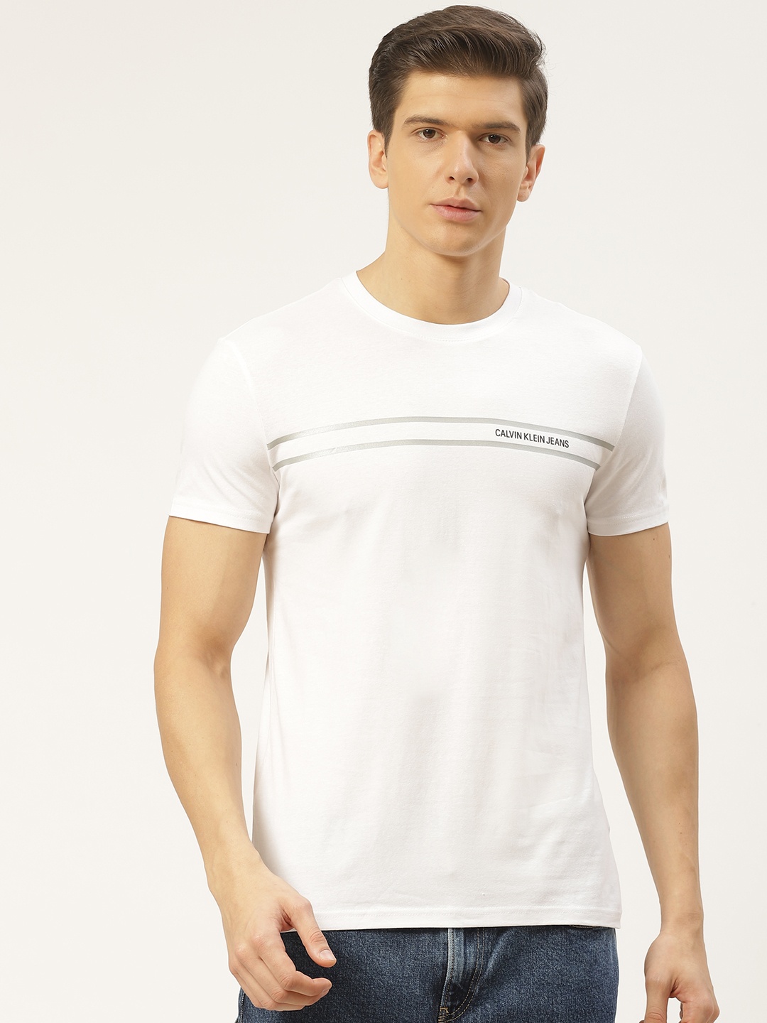 

Calvin Klein Jeans Men White Slim Fit Printed Detail Round Neck T-shirt