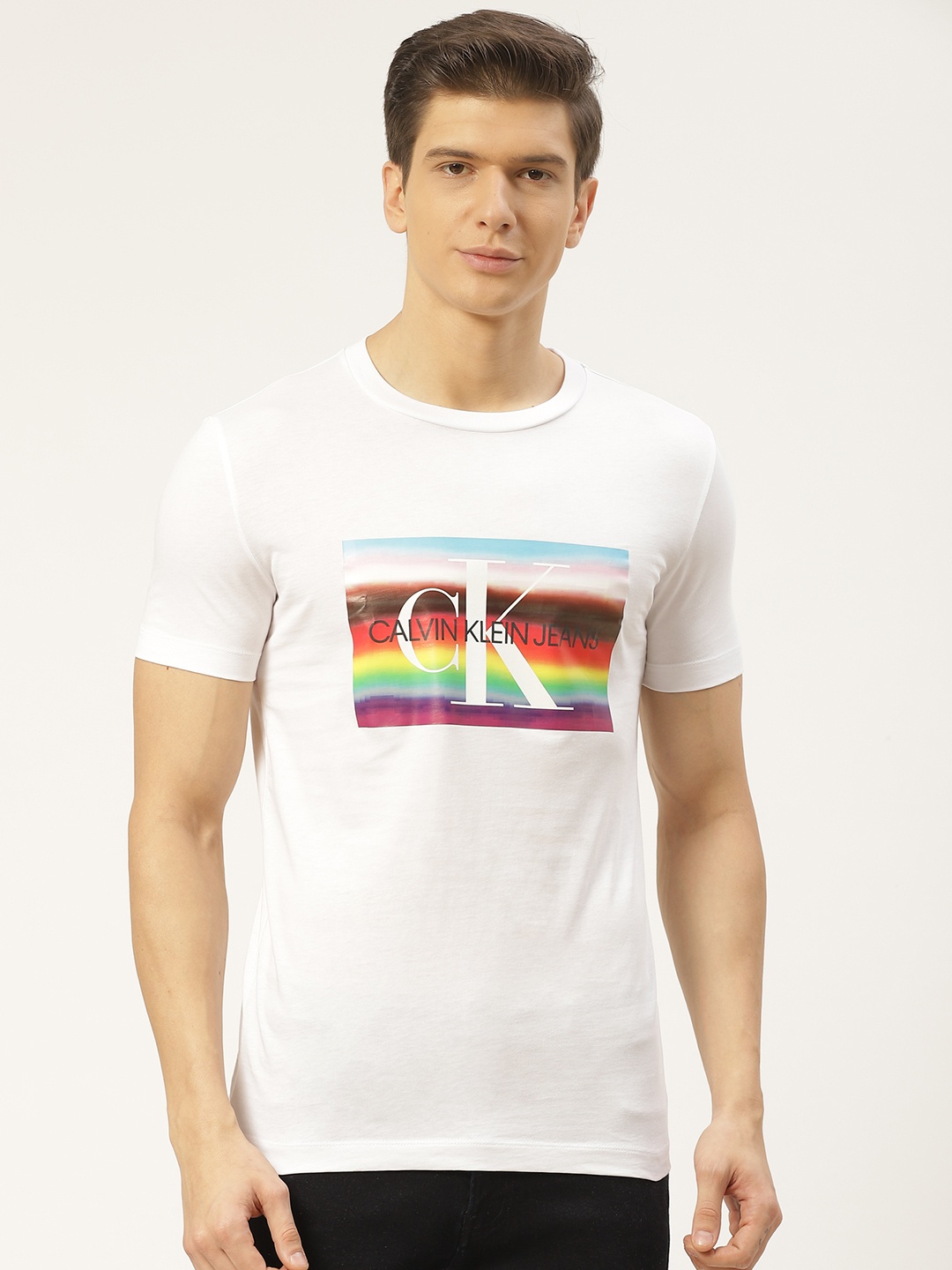 

Calvin Klein Jeans Men White Brand Logo Print Slim Fit T-shirt