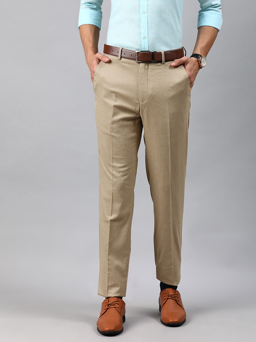 

Louis Philippe Men Beige Slim Fit Self Design Formal Trousers
