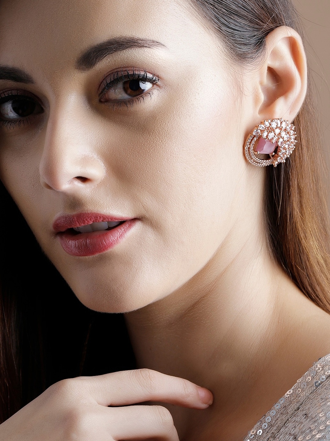 

Rubans Pink Rose Gold-Plated Handcrafted Zircon Stone Stud Earrings