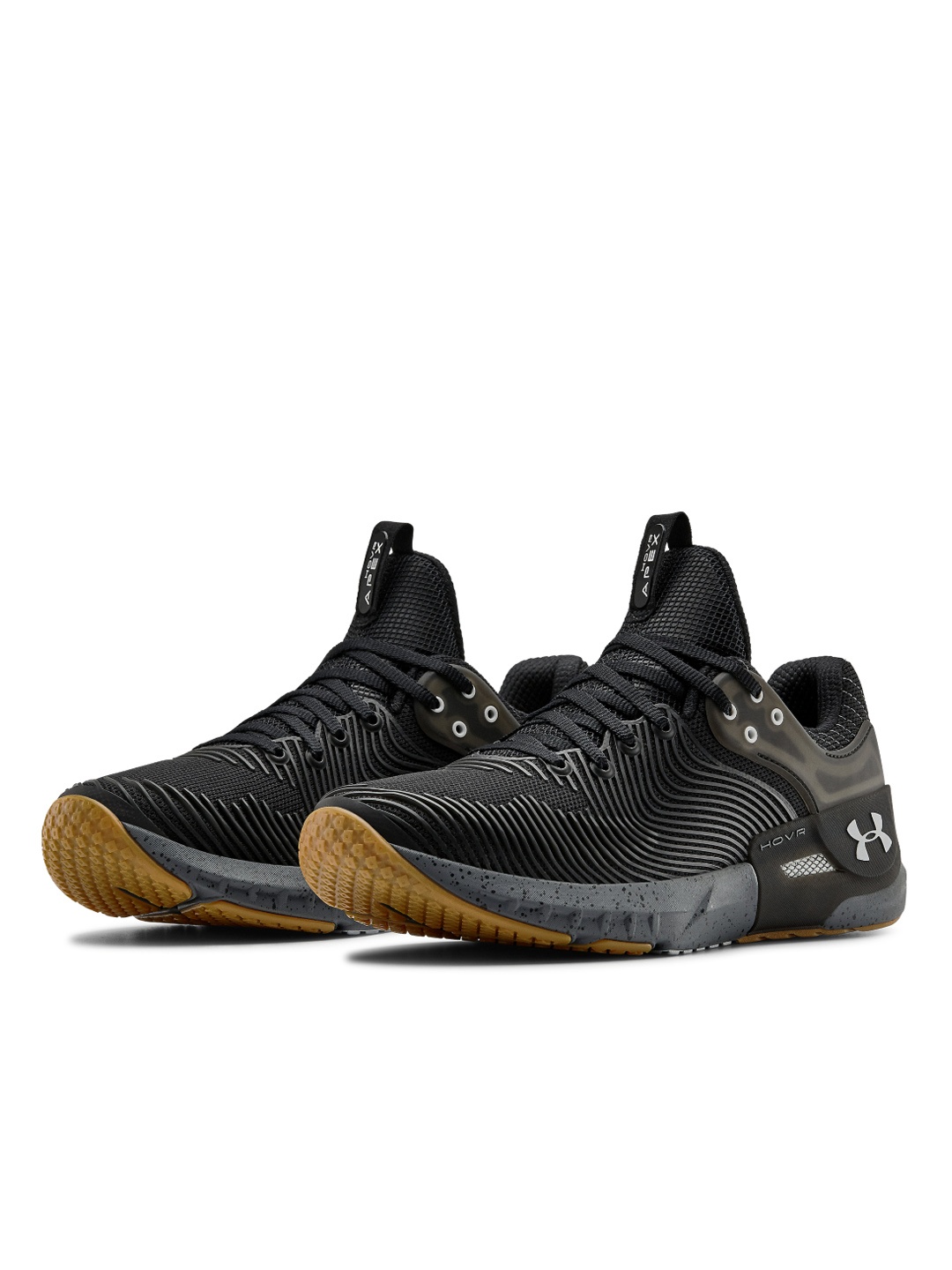 

UNDER ARMOUR Men Black & Charcoal Grey HOVR Apex 2 Woven Design & Striped Training Shoes