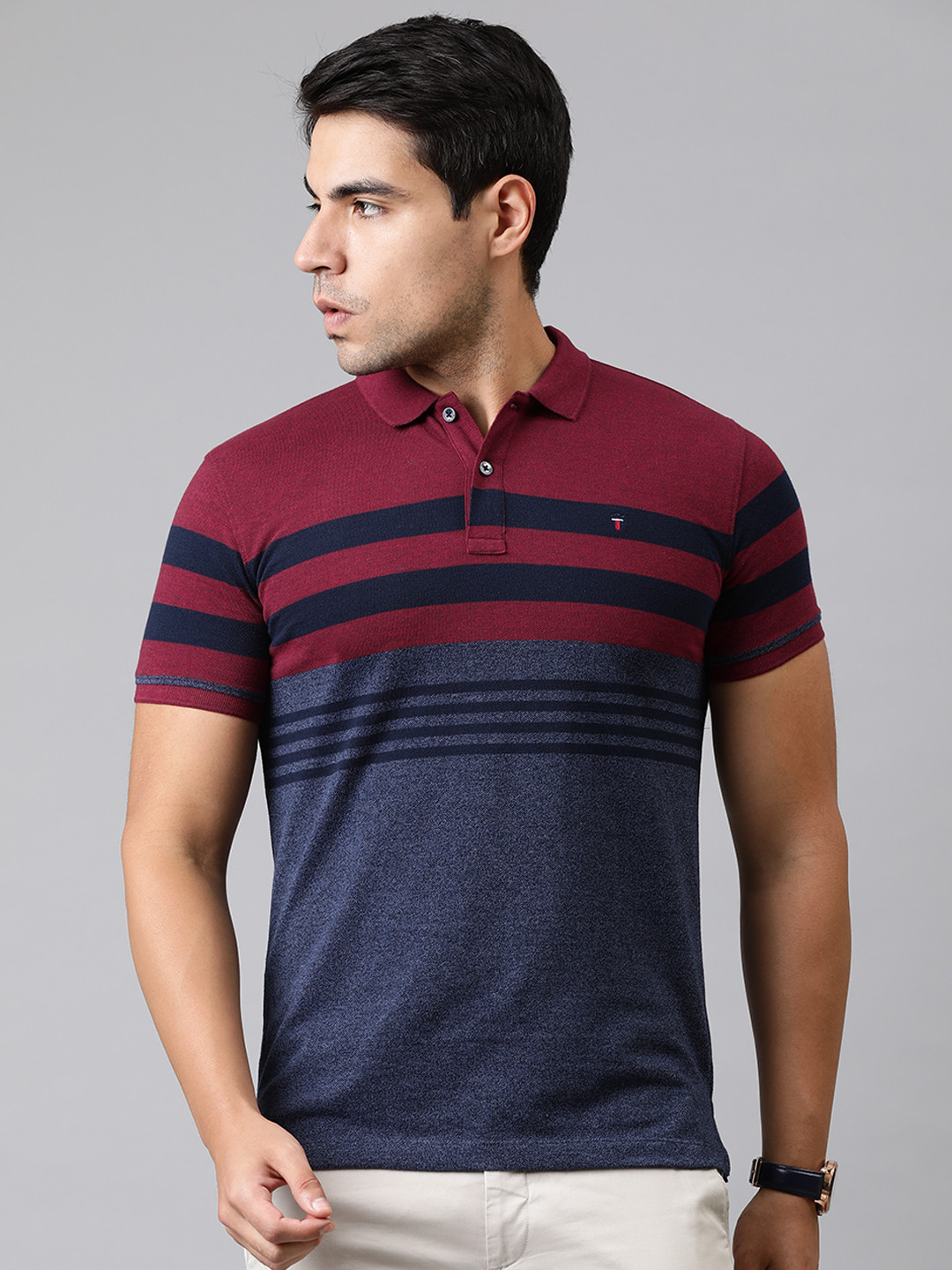 

Louis Philippe Sport Men Maroon & Navy Blue Striped Polo Collar T-shirt