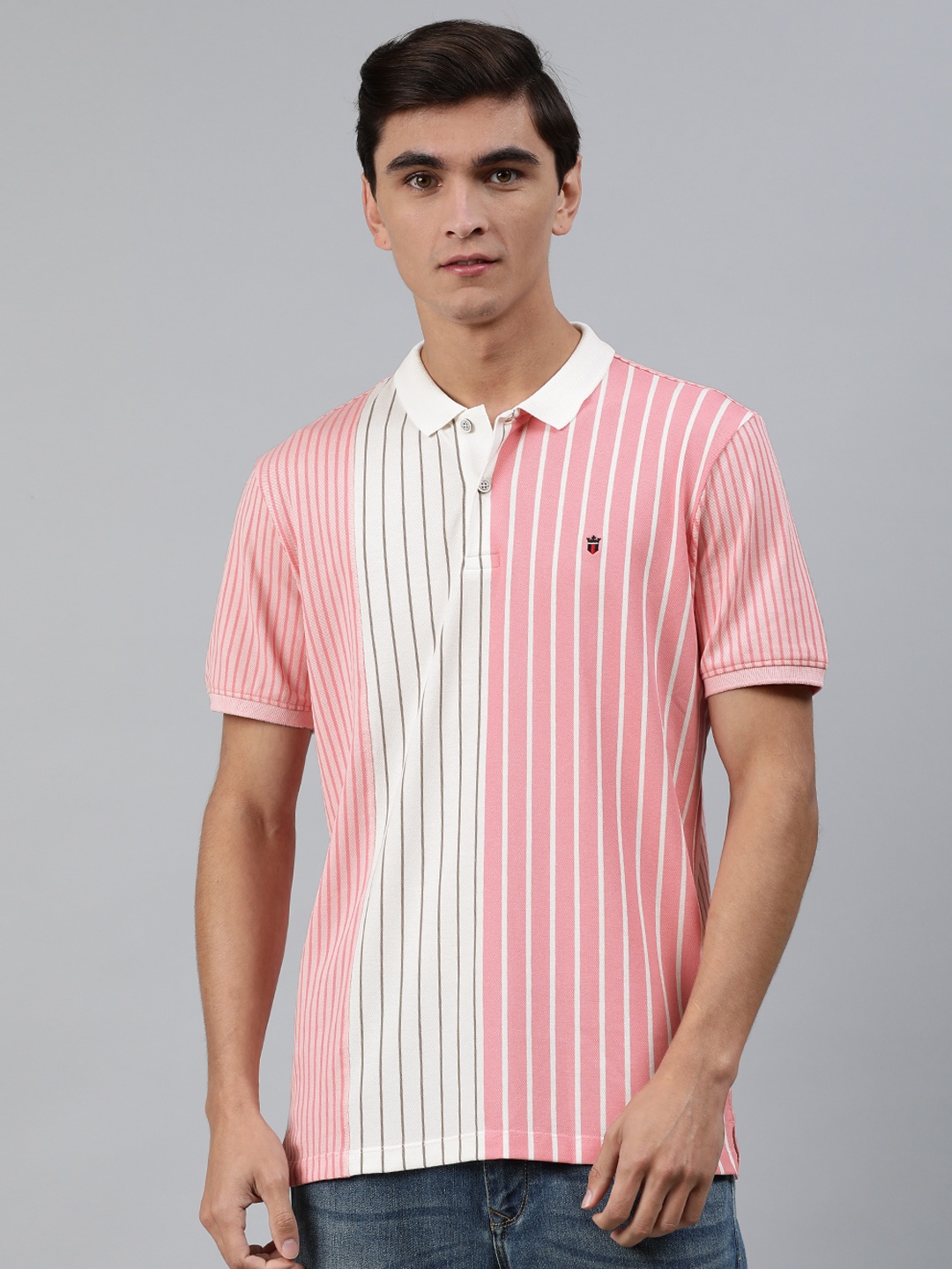 

Louis Philippe Sport Men Pink Striped Slim Fit Polo Collar Pure Cotton T-shirt