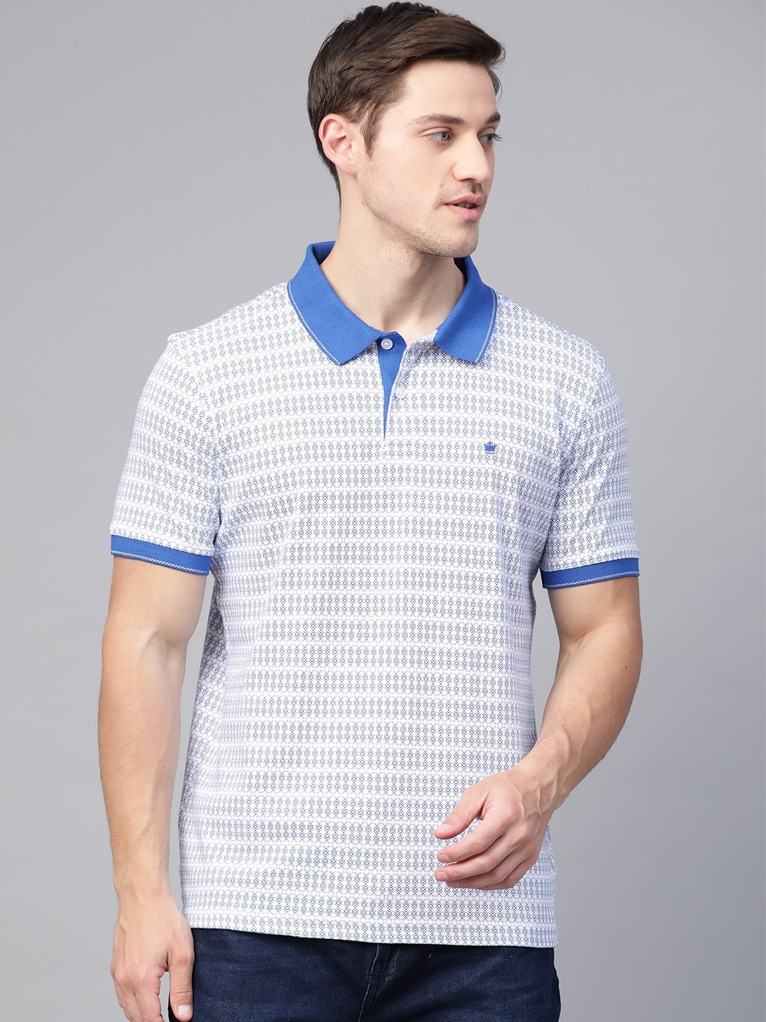 

Louis Philippe Men White Blue Pure Cotton Printed Polo Collar Pure Cotton T-shirt