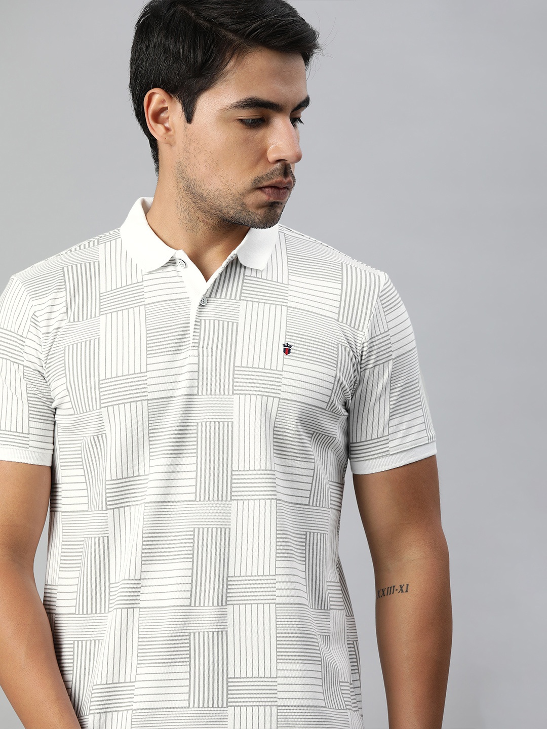 

Louis Philippe Sport Men White & Grey Printed Polo Collar T-shirt