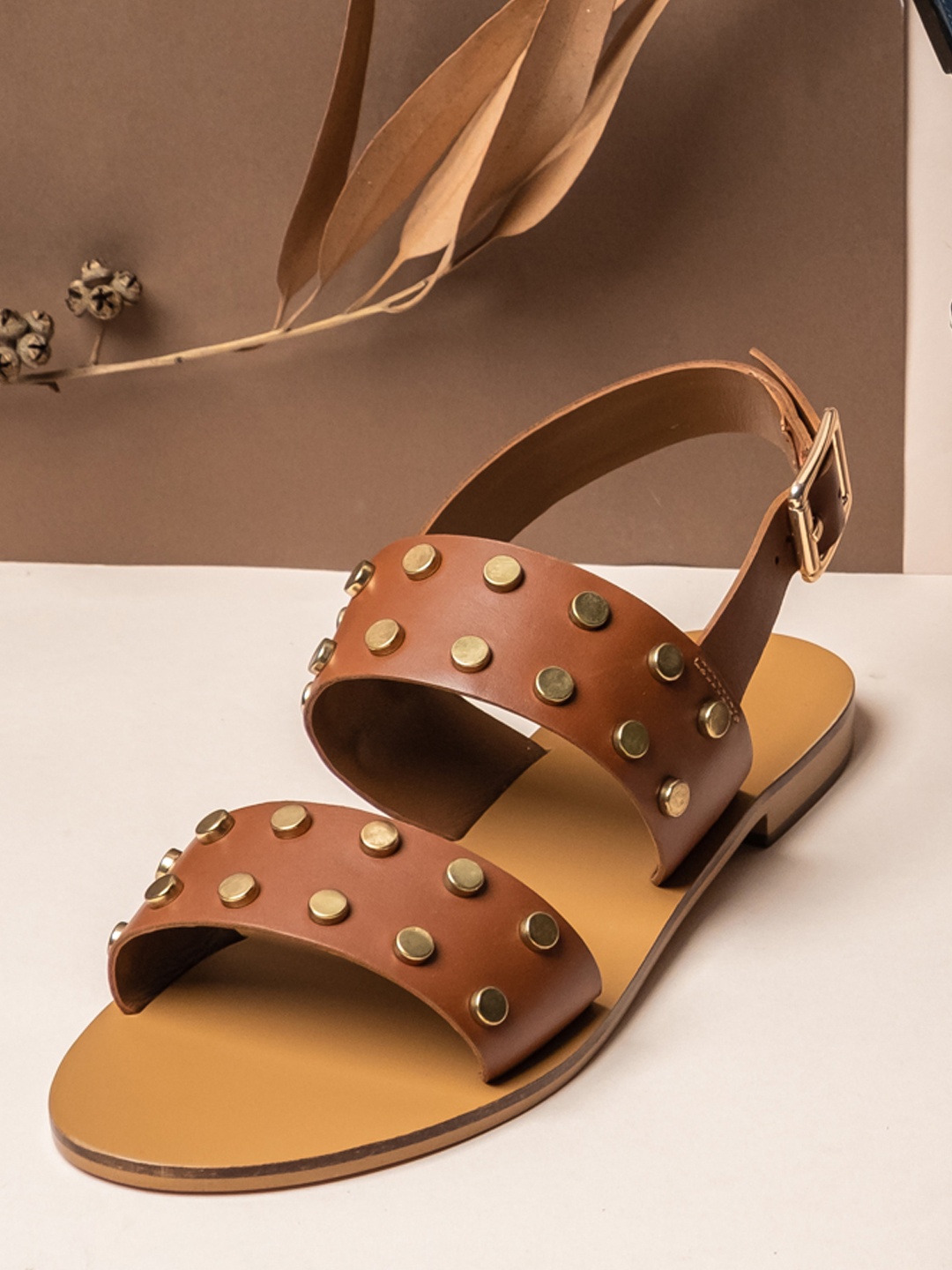 

Saint G Women Tan Brown Solid Leather Open Toe Flats