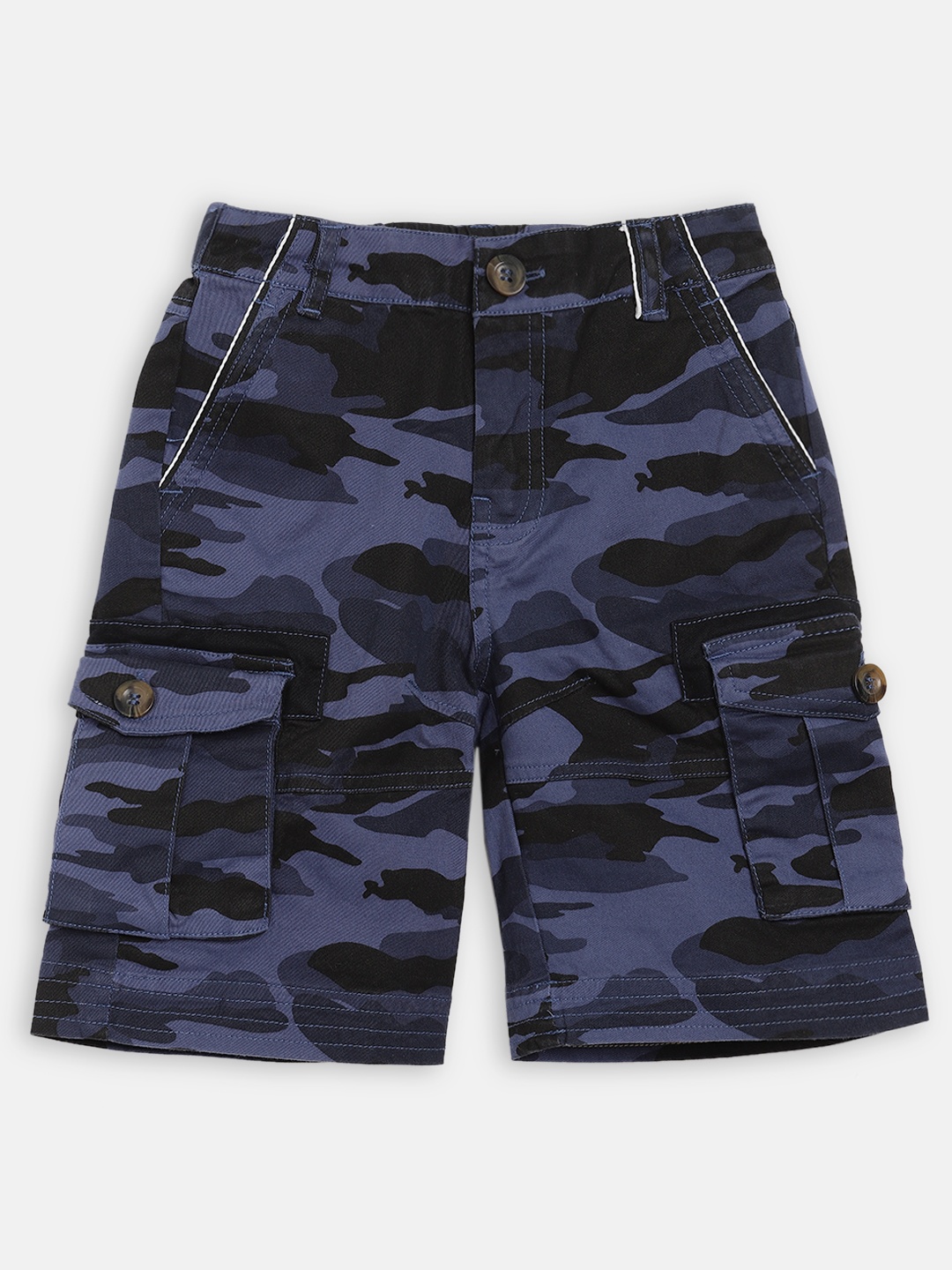 

Blue Giraffe Boys Navy Blue & Black Camo Printed Slim Fit Regular Shorts