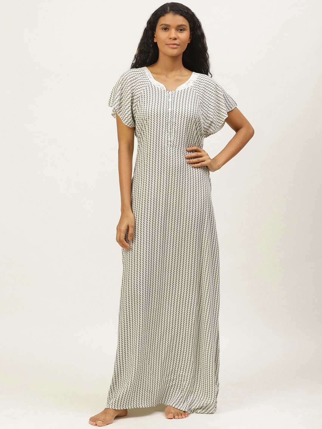 

Sweet Dreams Off-White & Charcoal Grey Printed Nightdress