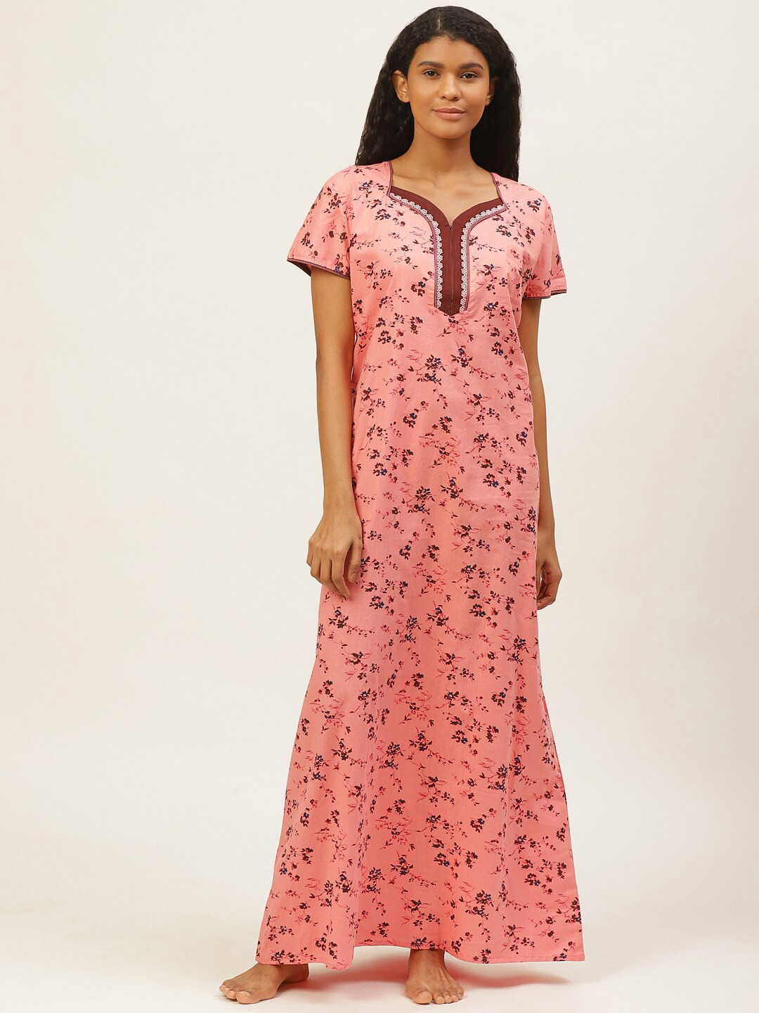 

Sweet Dreams Pink & Coffee Brown Floral Printed Nightdress