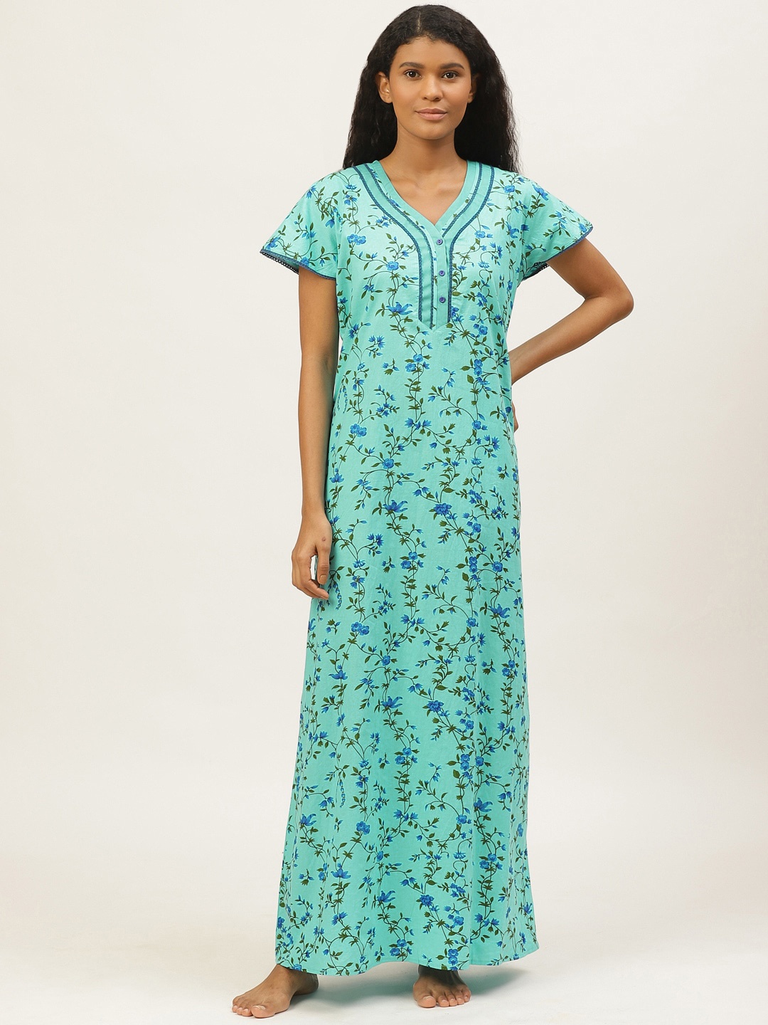 

Sweet Dreams Blue & Green Floral Printed Nightdress