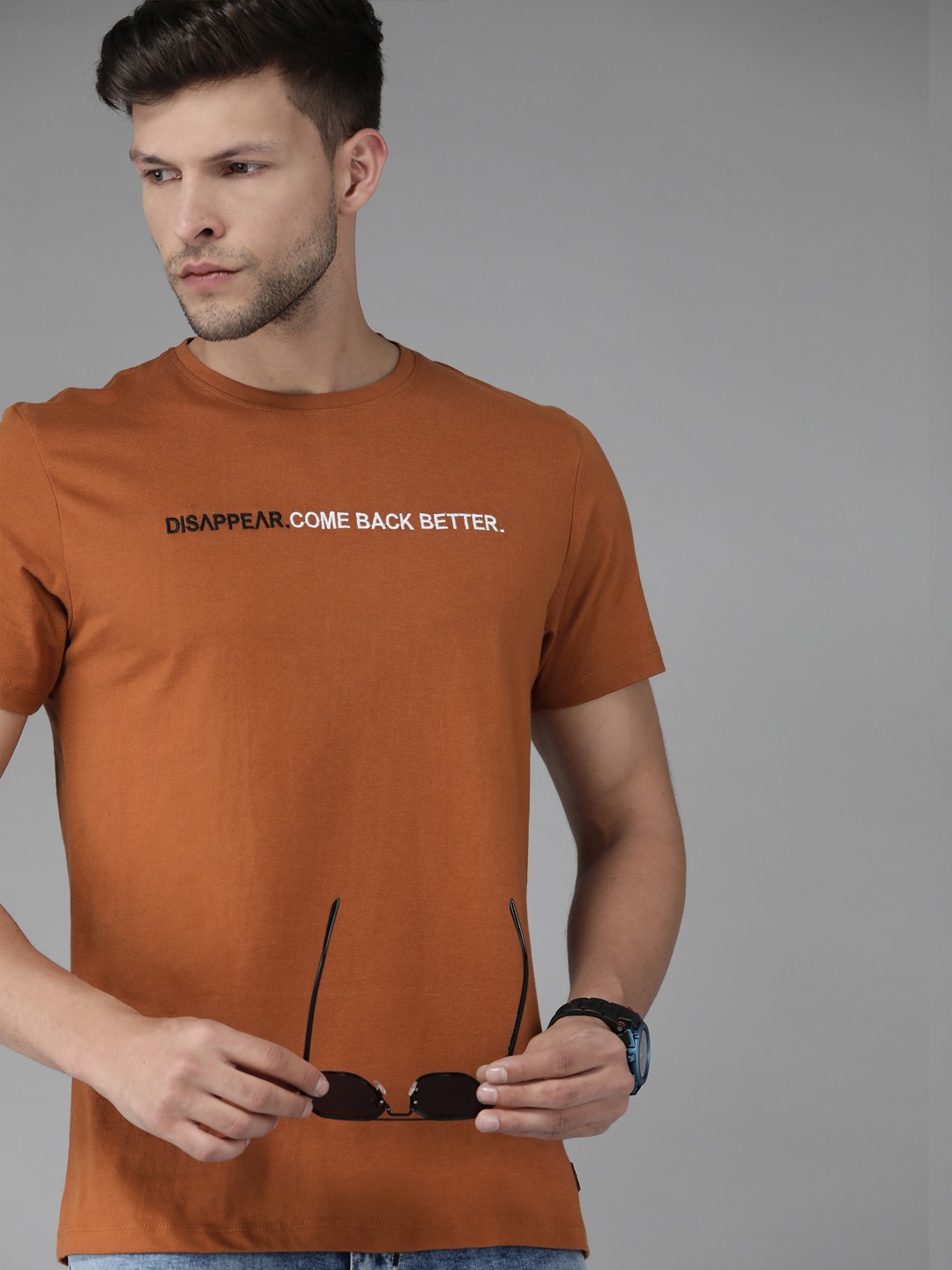 

Roadster Men Rust Brown & White Typography Embroidered Pure Cotton T-shirt