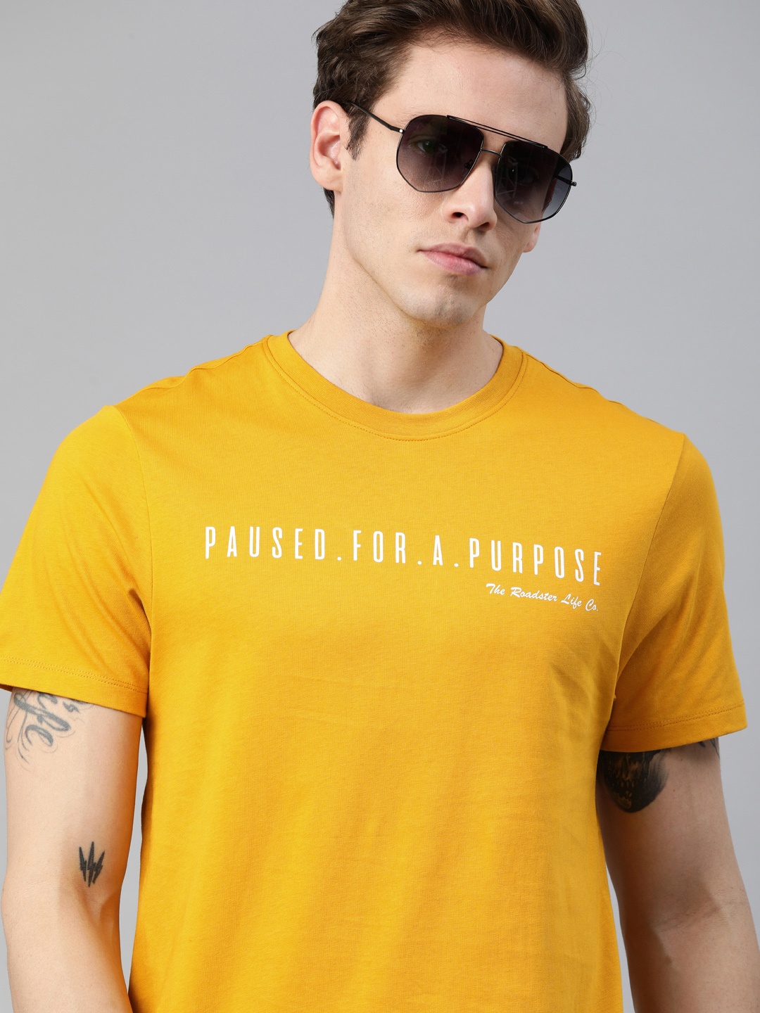 

Roadster Men Mustard Yellow Printed Round Neck Pure Cotton T-shirt