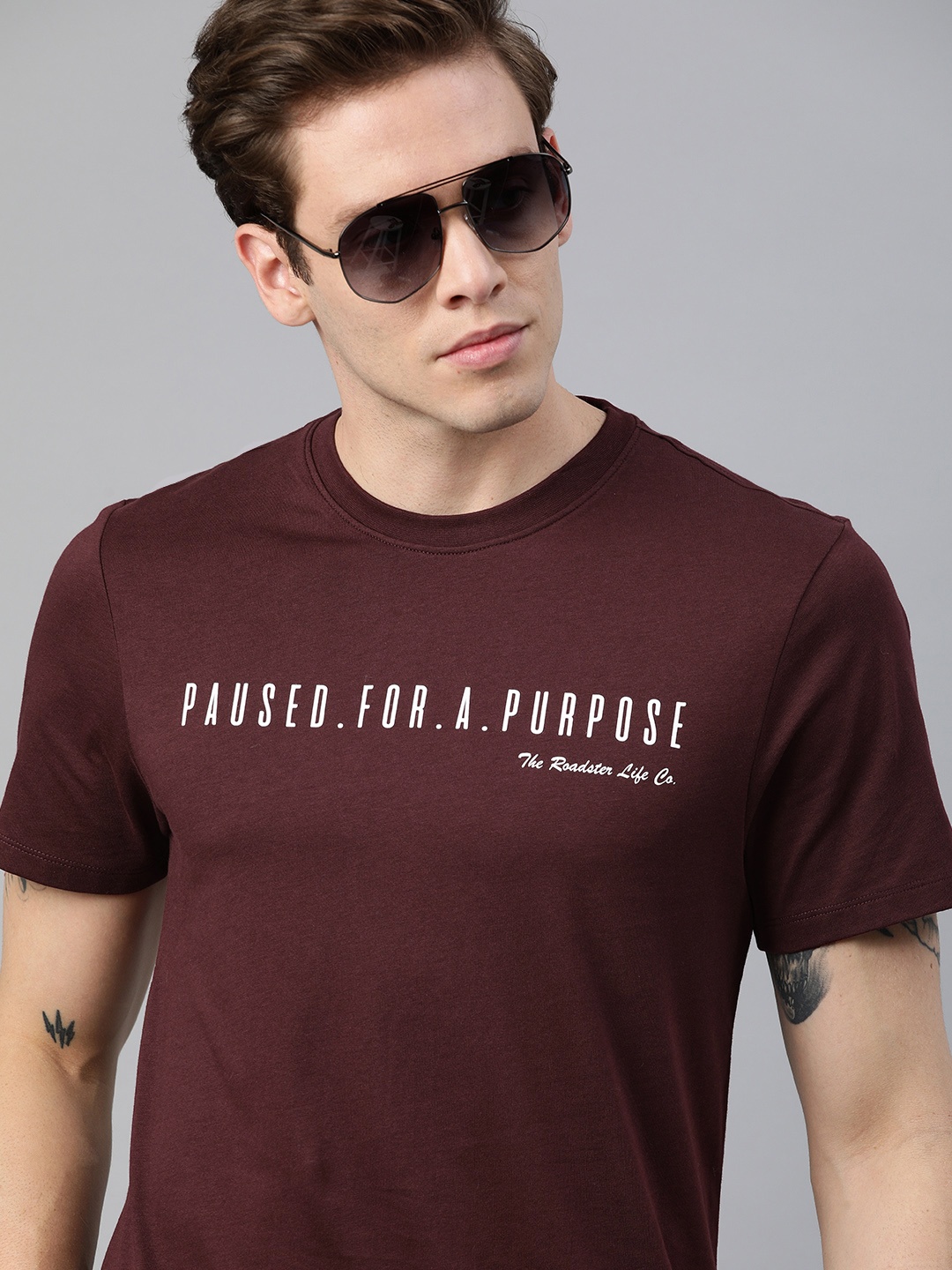 

Roadster Men Burgundy Printed Round Neck Pure Cotton T-shirt