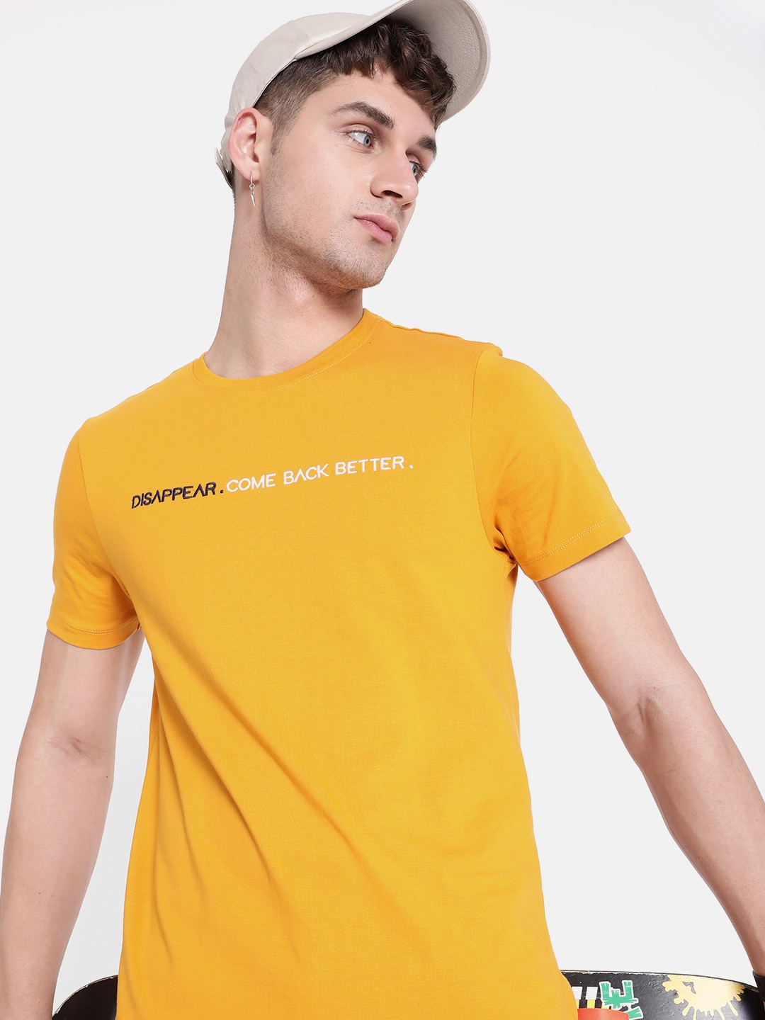 

The Roadster Lifestyle Co. Pure Cotton Typography Embroidered T-shirt, Mustard
