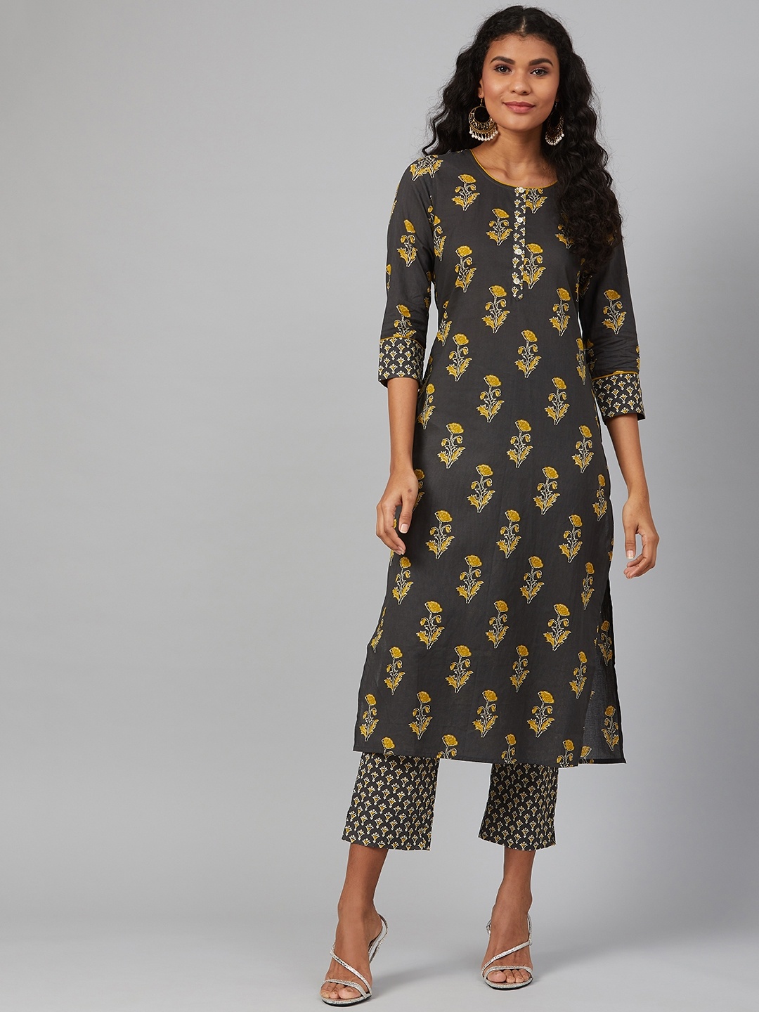 

See Designs Women Charcoal Grey & Mustard Yellow Printed Kurta with Trousers