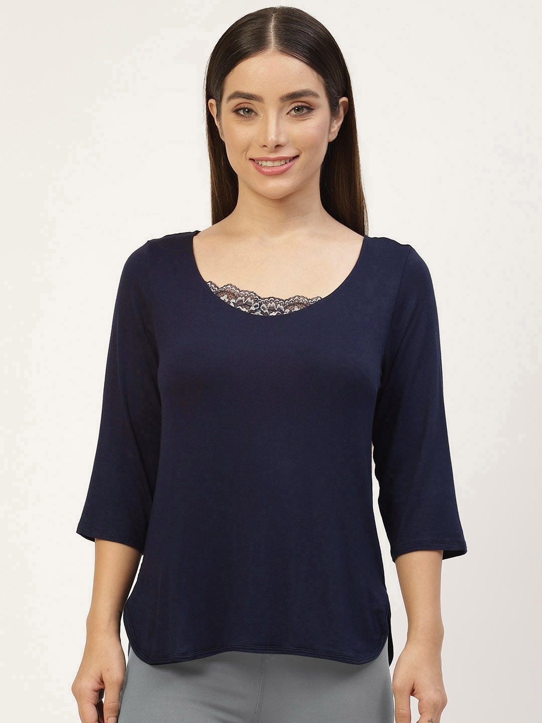 

Amante Women Blue Solid Lace Inserts Lounge Top, Navy blue