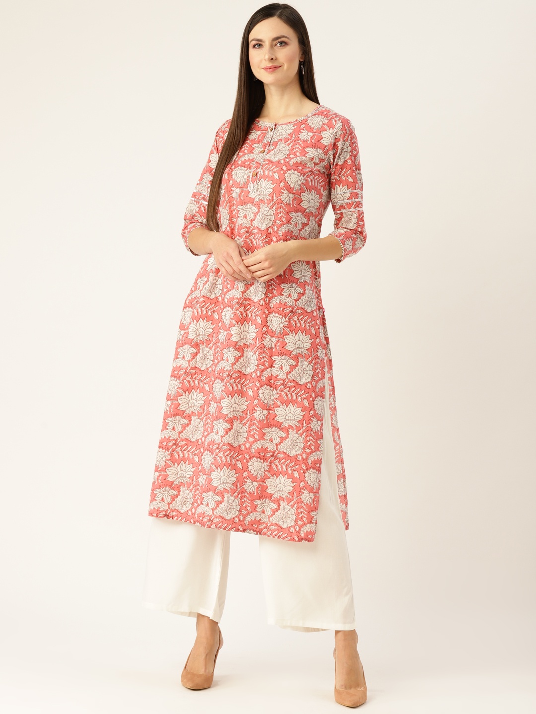 

Varanga Women Pink & White Ethnic Block Printed Straight Kurta