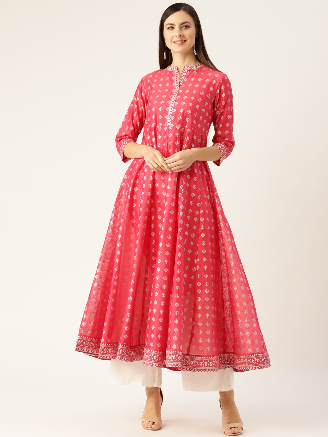 

Varanga Women Pink & Silver Ethnic Motifs Block Print Anarkali Kurta