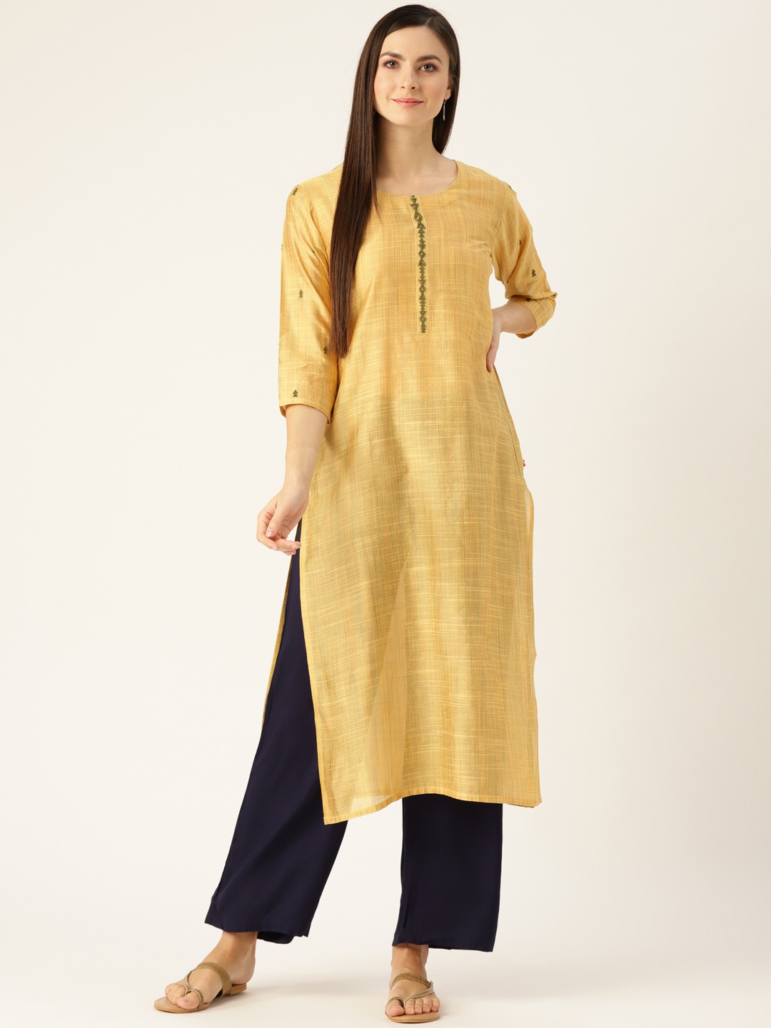 

Varanga Women Mustard Yellow Solid Handloom Straight Kurta with Embroidered Detail