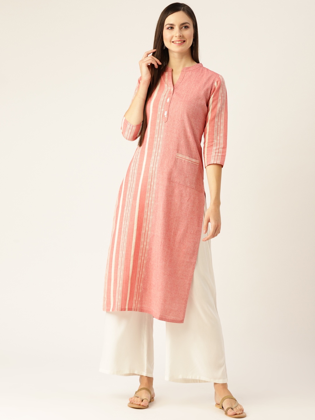 

Varanga Women Peach-Coloured & White Embroidered Handloom Straight Kurta
