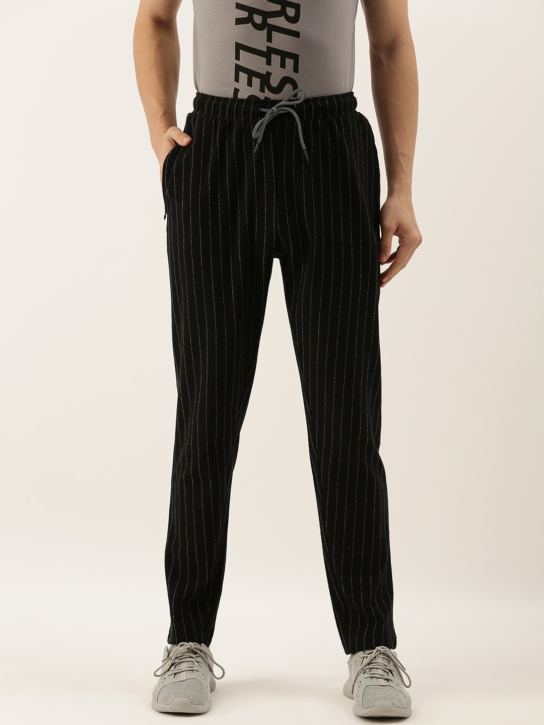 

Campus Sutra Men's Black and White Striped Track Pants