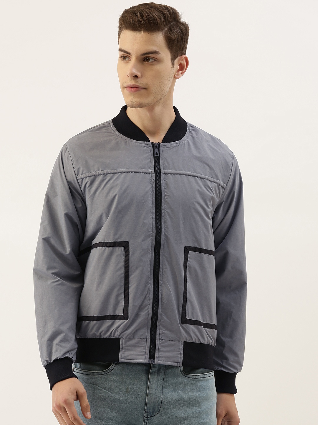 

Campus Sutra Men Grey Solid Bomber Jacket