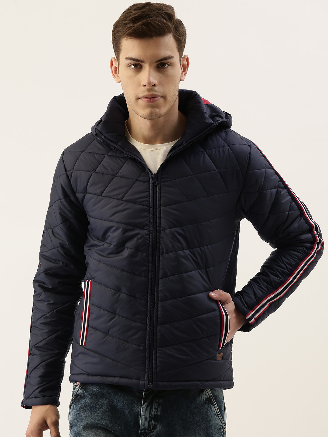 

Campus Sutra Men Navy Blue Solid Windcheater Padded Jacket with Side Stripes
