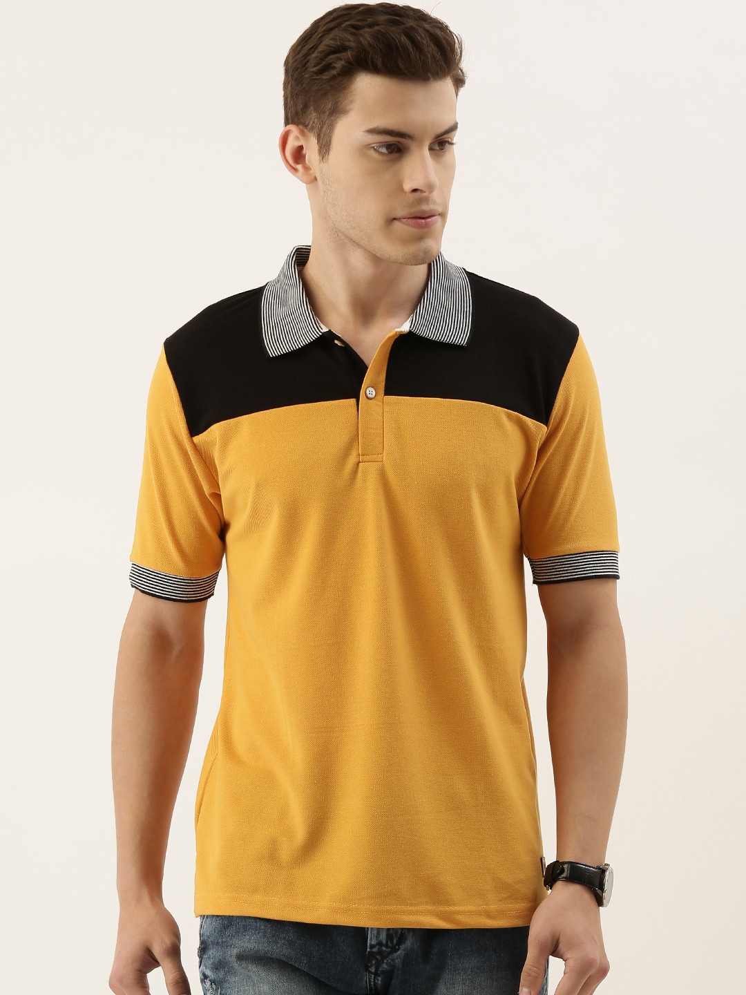 

Campus Sutra Men Mustard Yellow & Black Colourblocked Polo Collar T-shirt
