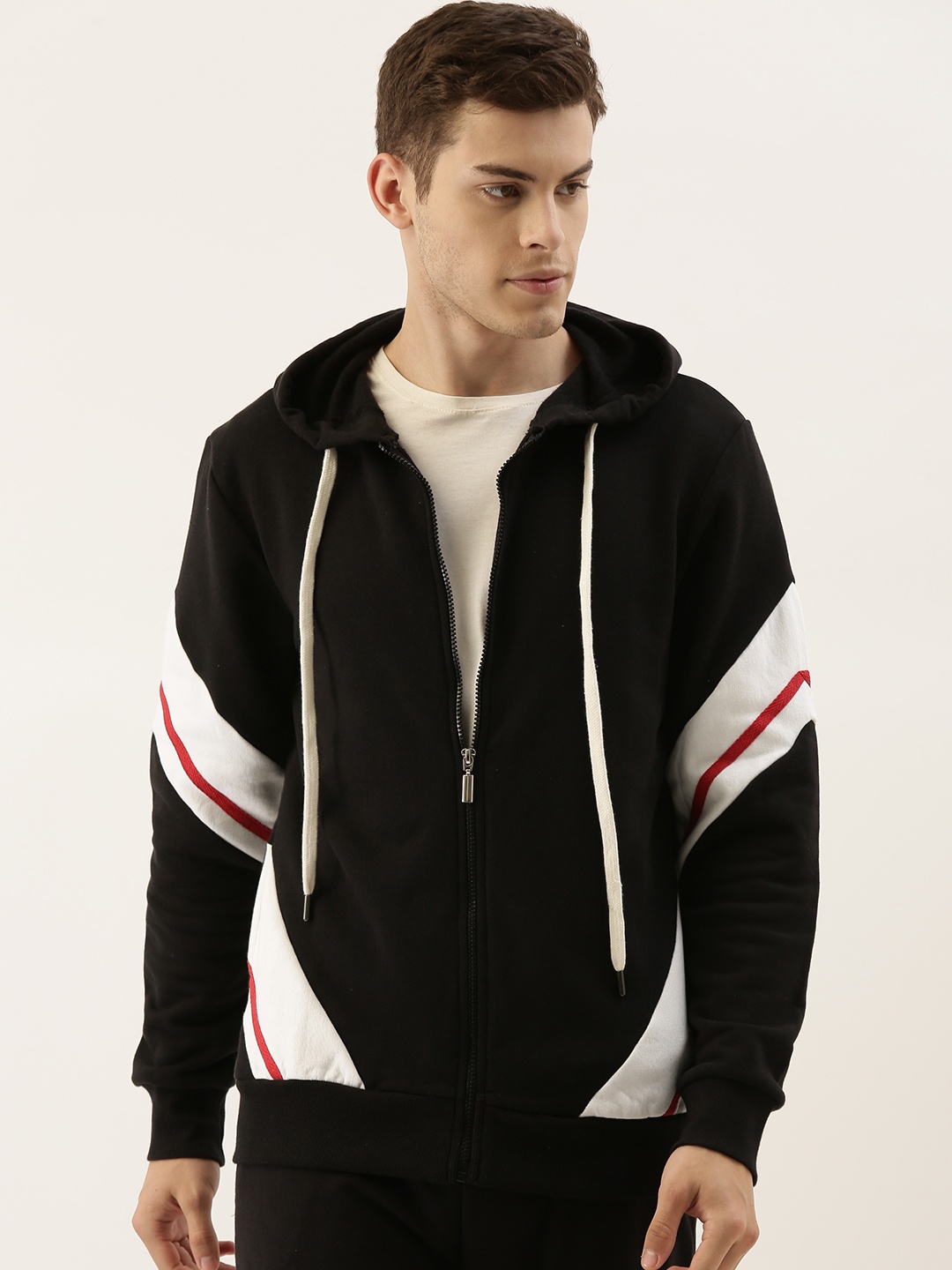 

Campus Sutra Men Black & White Colourblocked Hooded Sweatshirt