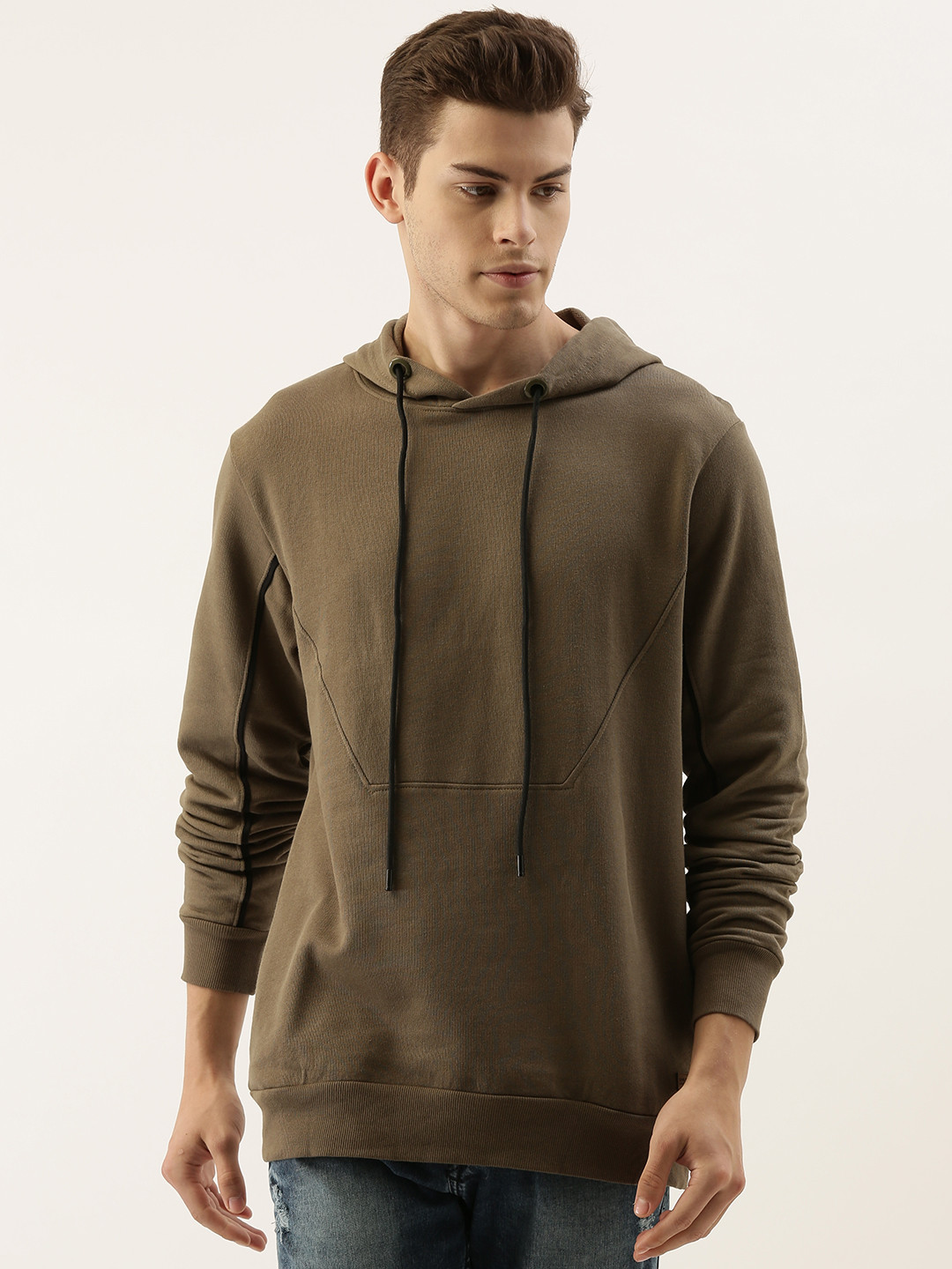 

Campus Sutra Men Olive Green Solid Hooded Sweatshirt