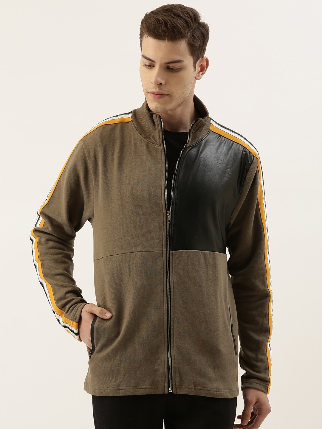 

Campus Sutra Men Olive Green Colourblocked Sweatshirt