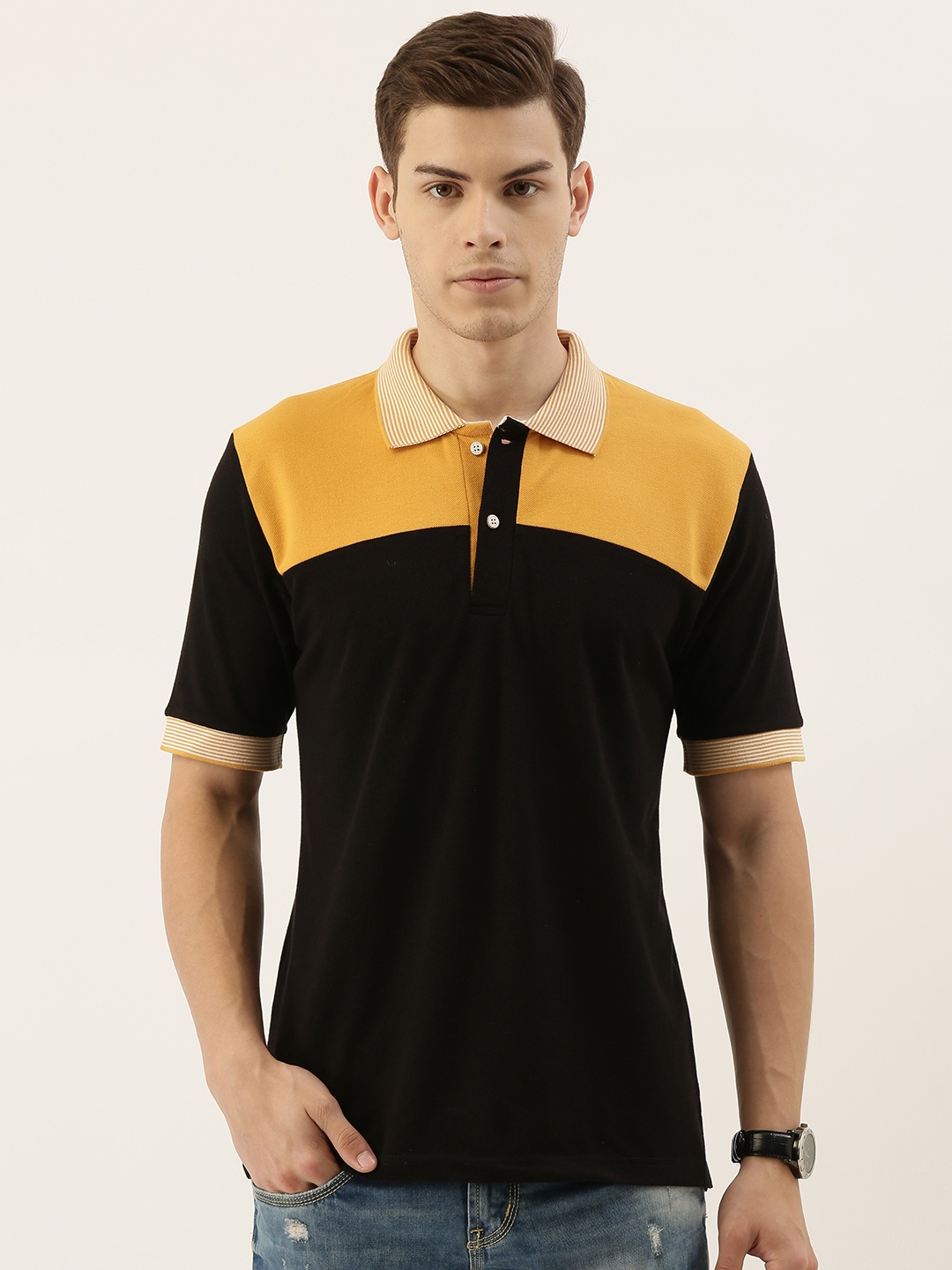 

Campus Sutra Men Black & Mustard Yellow Colourblocked Polo Collar T-shirt