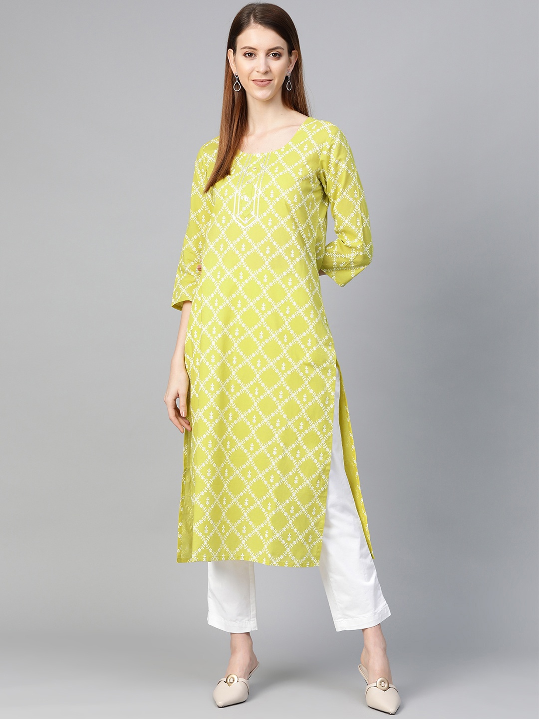 

KSUT Women Lime Green & White Printed Straight Kurta