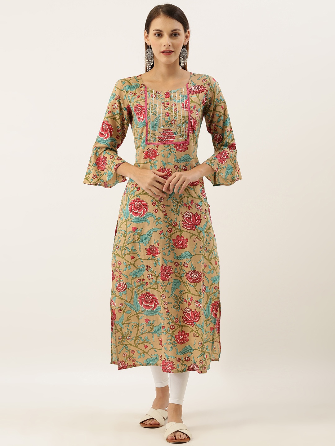

Varanga Women Beige & Pink Floral Printed Straight Kurta with Gotta Patti & Lace Detailing