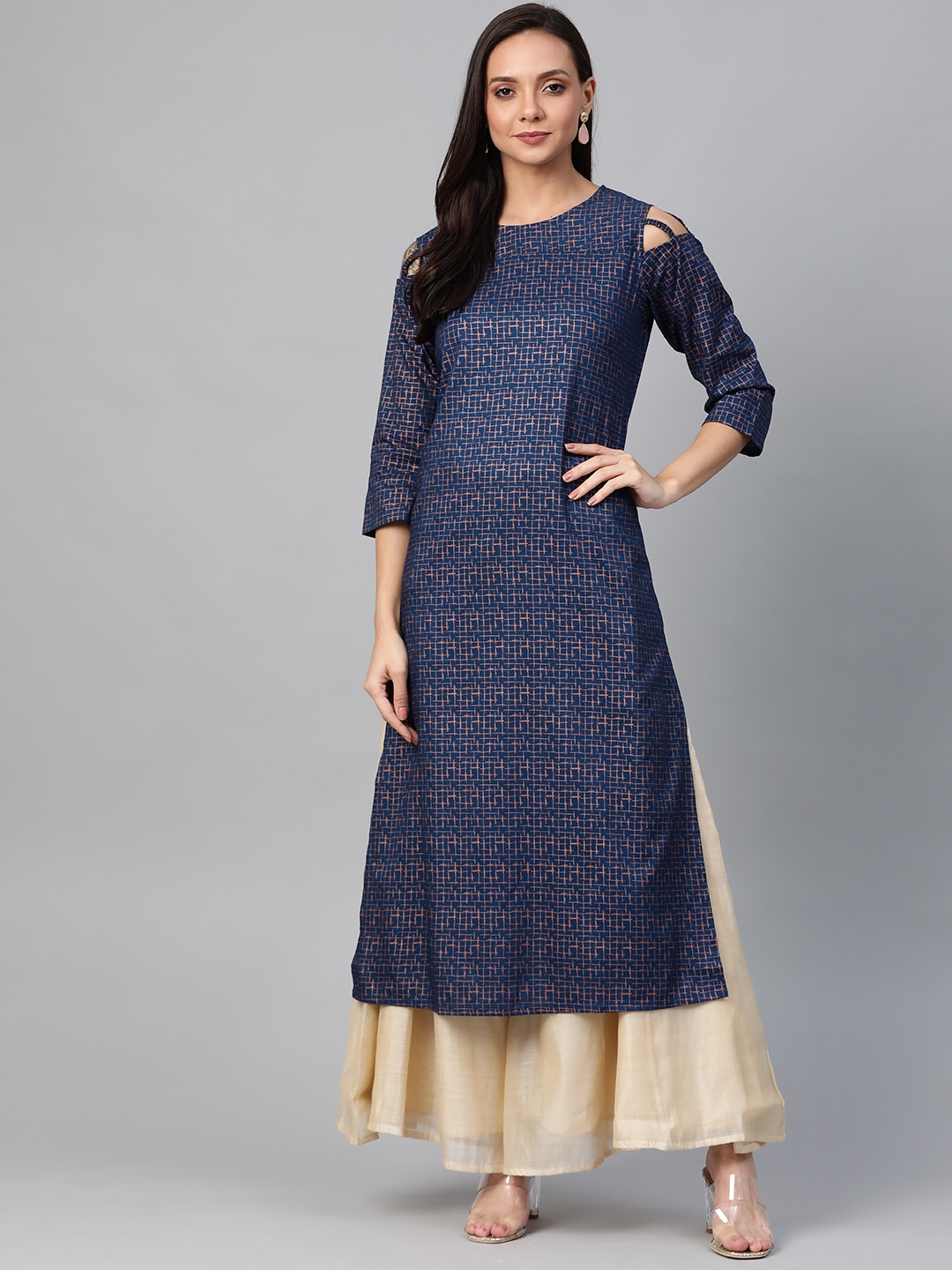 

YASH GALLERY Women Teal Blue & Golden Printed Cold Shoulder Straight Kurta