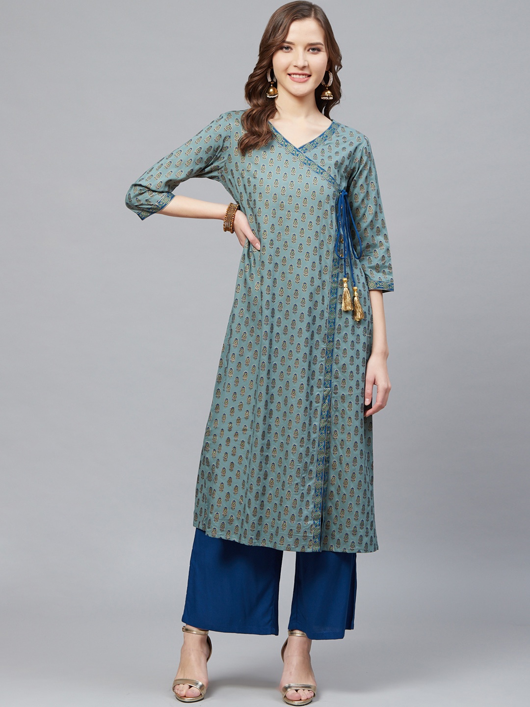 

YASH GALLERY Women Teal Blue & Golden Printed Angrakha Kurta with Palazzos