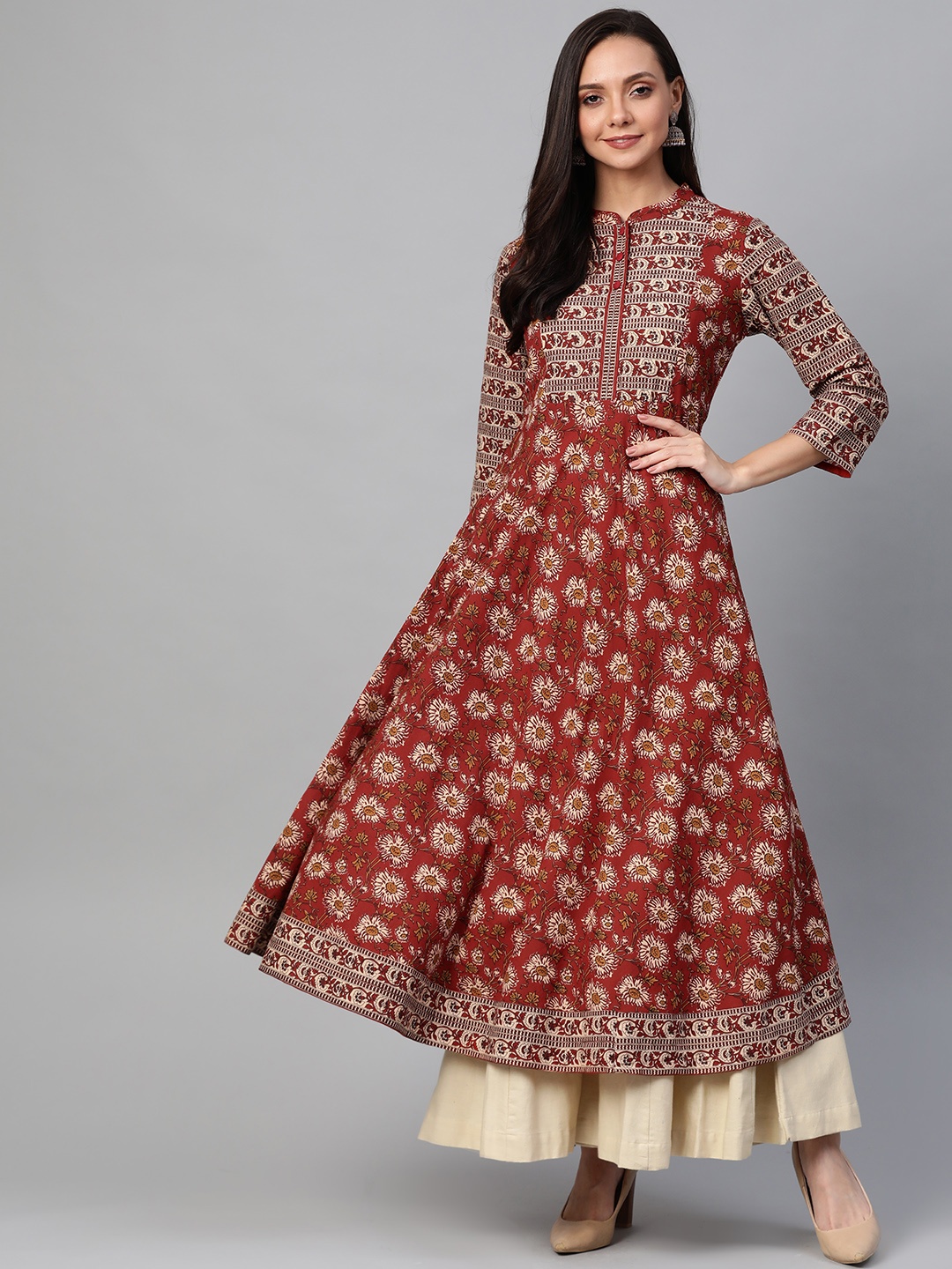 

YASH GALLERY Women Maroon & Cream-Coloured Floral Printed Anarkali Kurta