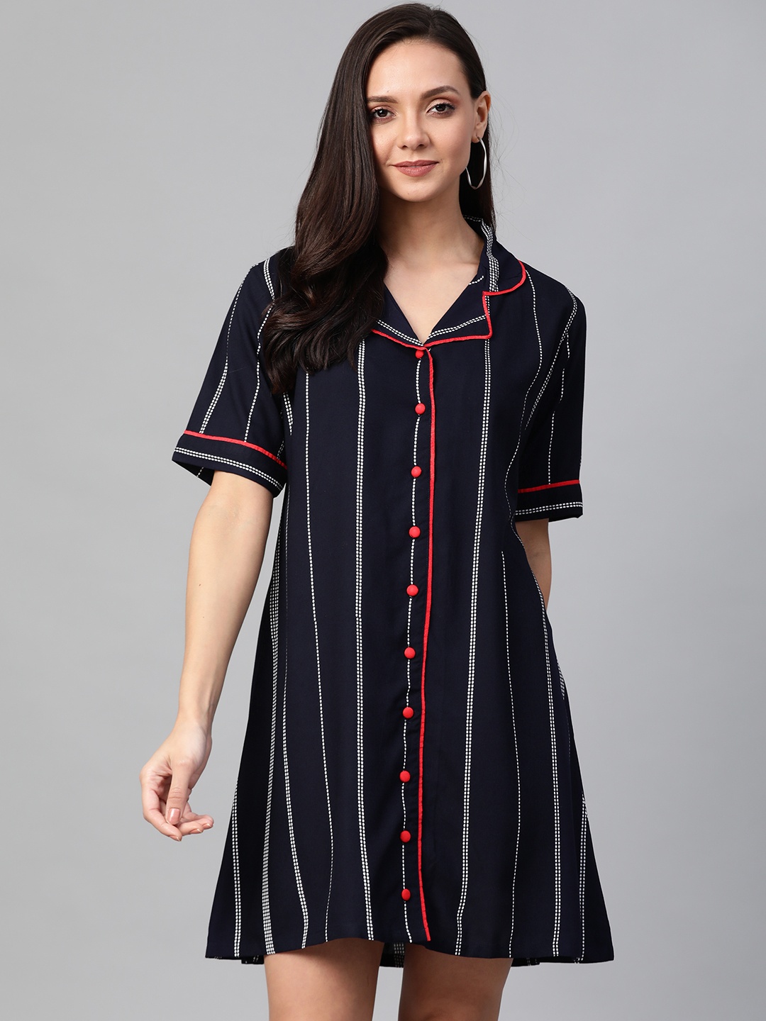 

YASH GALLERY Women Navy Blue & White Striped Shirt Dress