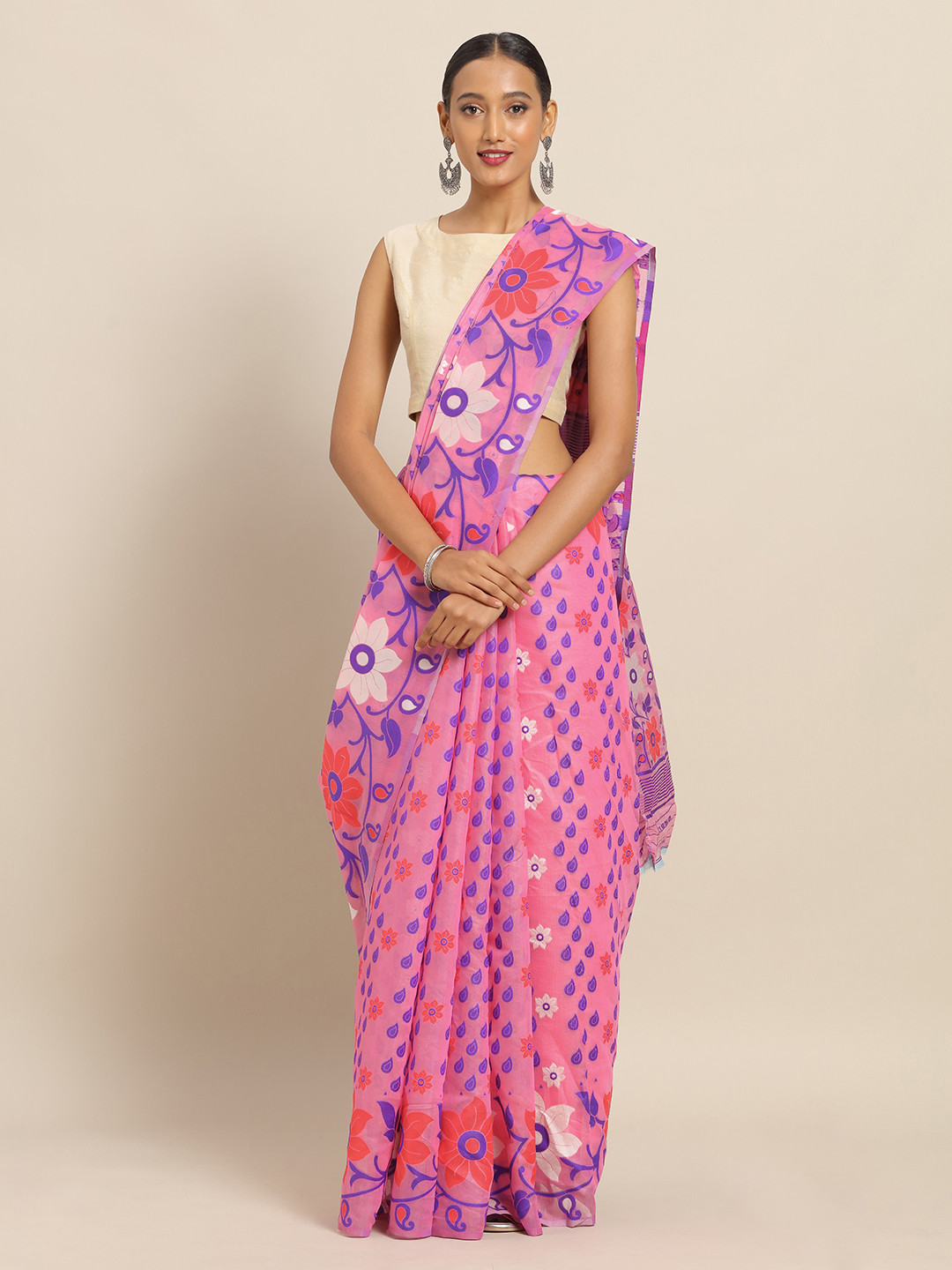 

VASTRANAND Pink & Blue Silk Cotton Woven Design Jamdani Saree