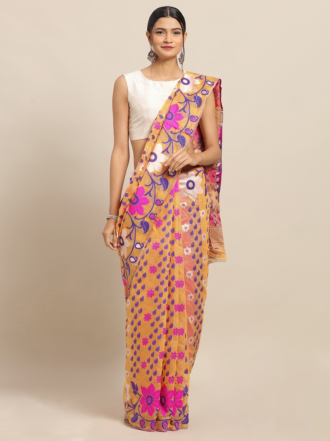 

VASTRANAND Orange & Pink Silk Cotton Woven Design Jamdani Saree