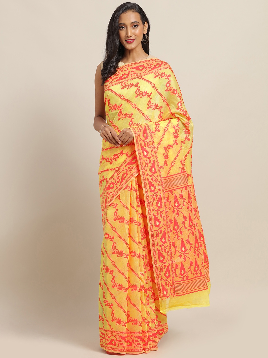 

VASTRANAND Yellow & Red Silk Cotton Printed Jamdani Saree