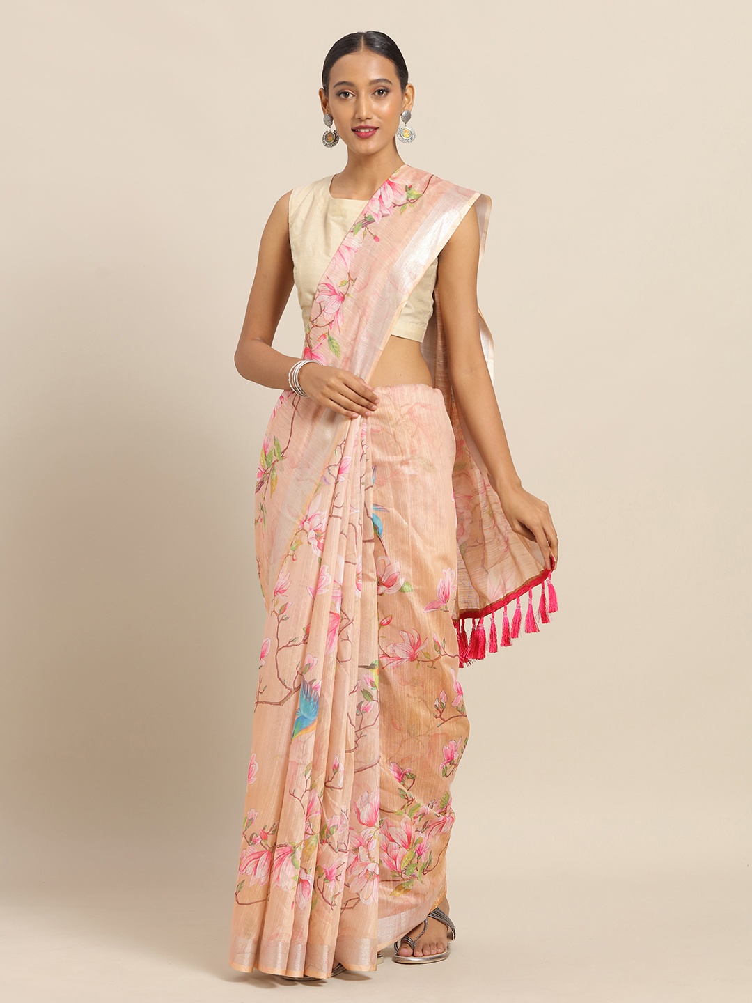 

VASTRANAND Brown & Pink Linen Blend Printed Saree