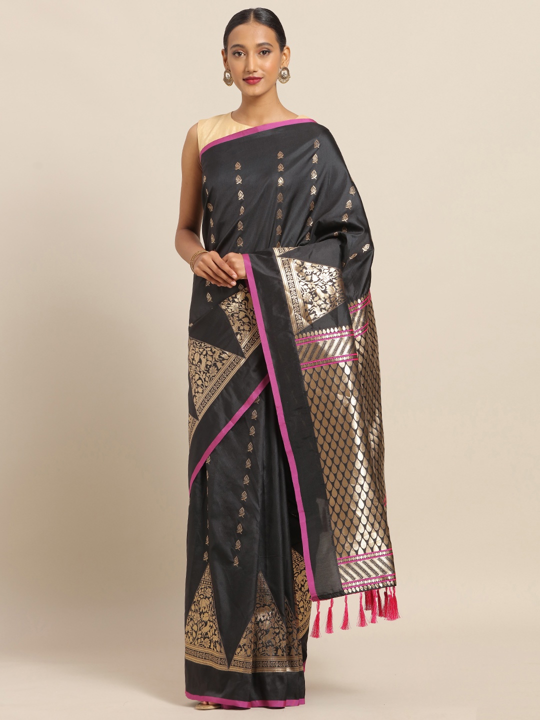 

VASTRANAND Black & Pink Silk Blend Woven Design Banarasi Saree