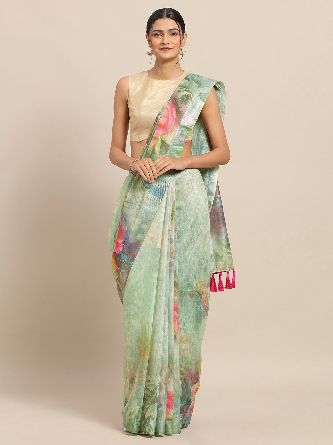 

VASTRANAND Green Linen Blend Floral Printed Khadi Saree