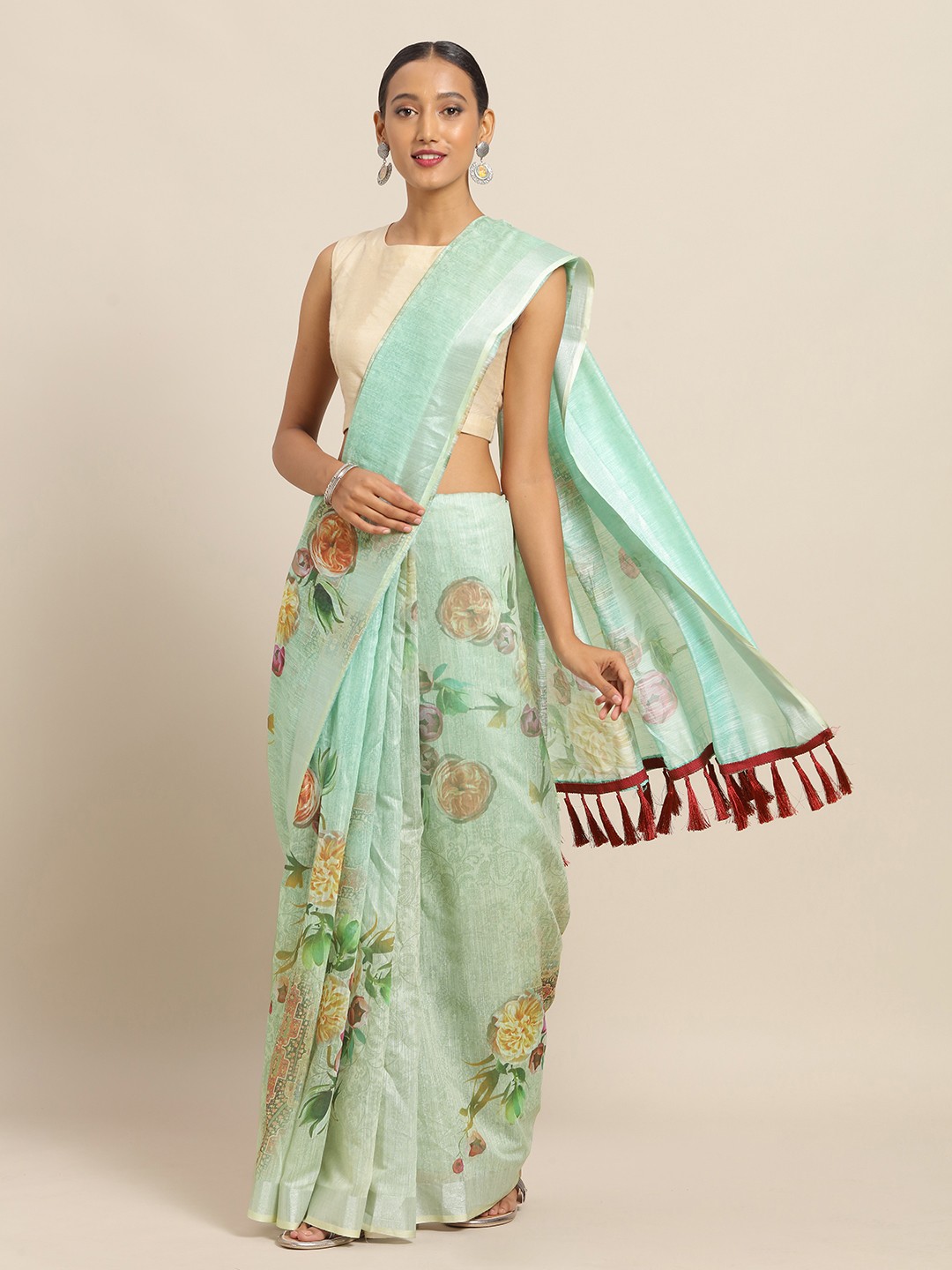

VASTRANAND Turquoise Blue & Yellow Linen Blend Printed Saree