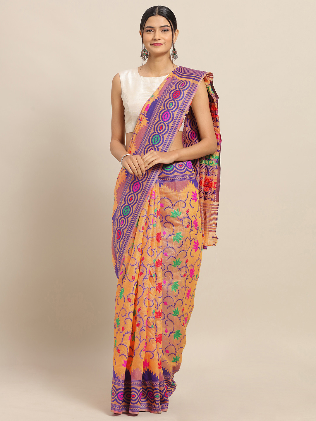 

VASTRANAND Orange & Navy Blue Silk Cotton Woven Design Jamdani Saree