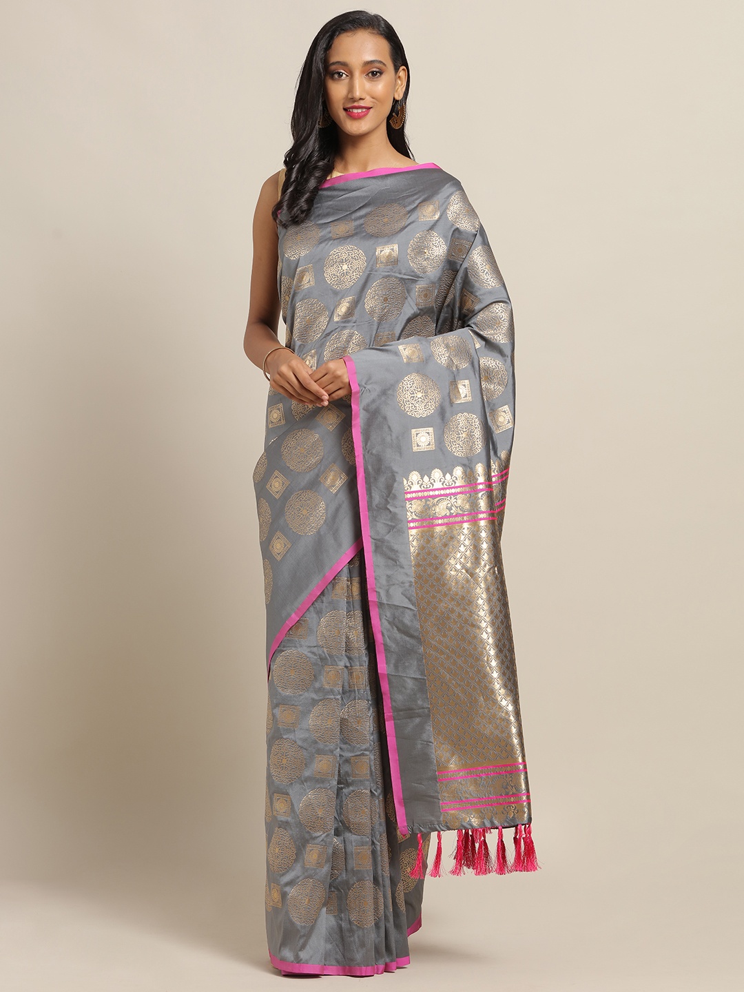 

VASTRANAND Grey & Golden Silk Blend Woven Design Banarasi Saree