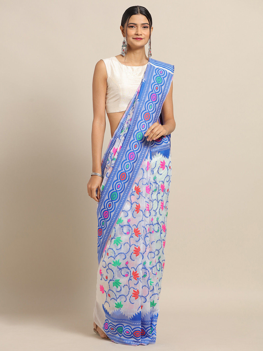

VASTRANAND White & Blue Silk Cotton Woven Design Jamdani Saree